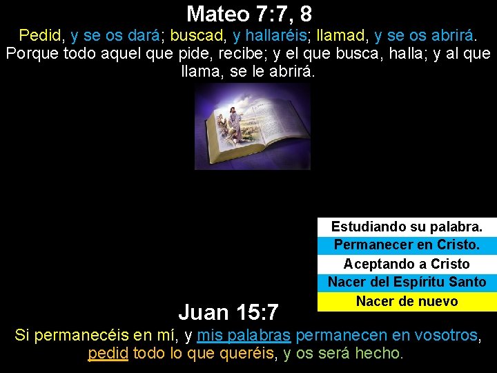 Mateo 7: 7, 8 Pedid, y se os dará; buscad, y hallaréis; llamad, y