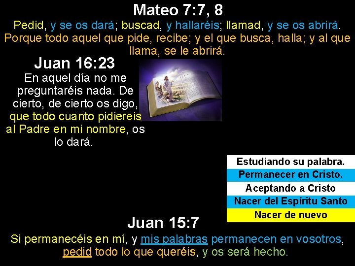 Mateo 7: 7, 8 Pedid, y se os dará; buscad, y hallaréis; llamad, y