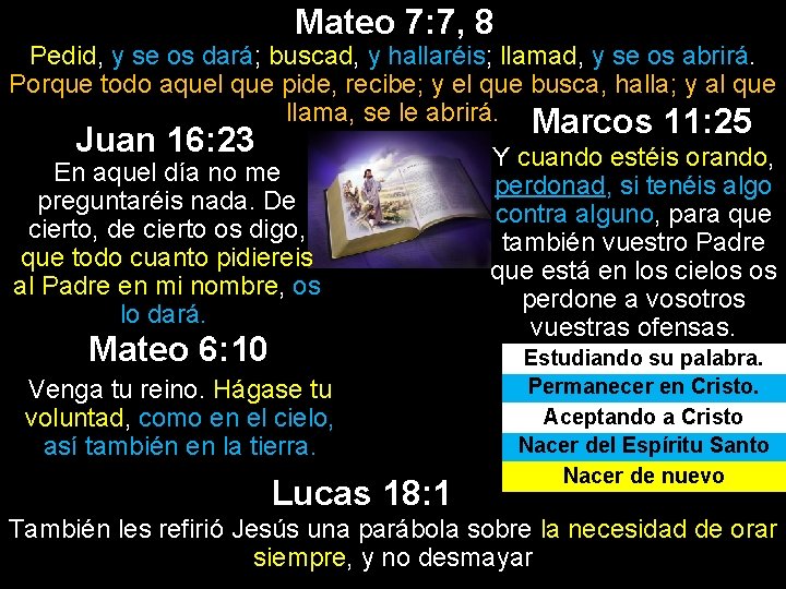 Mateo 7: 7, 8 Pedid, y se os dará; buscad, y hallaréis; llamad, y