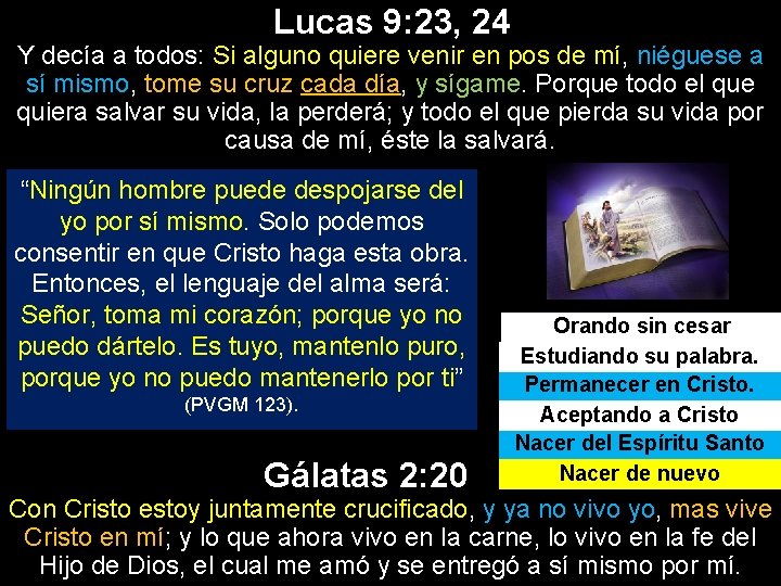 Lucas 9: 23, 24 Y decía a todos: Si alguno quiere venir en pos