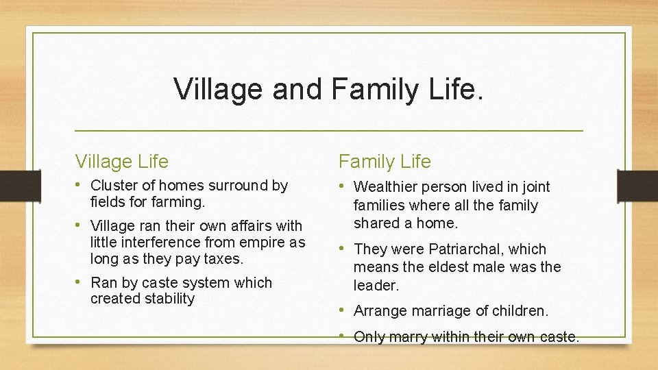 Village and Family Life. Village Life Family Life • Cluster of homes surround by