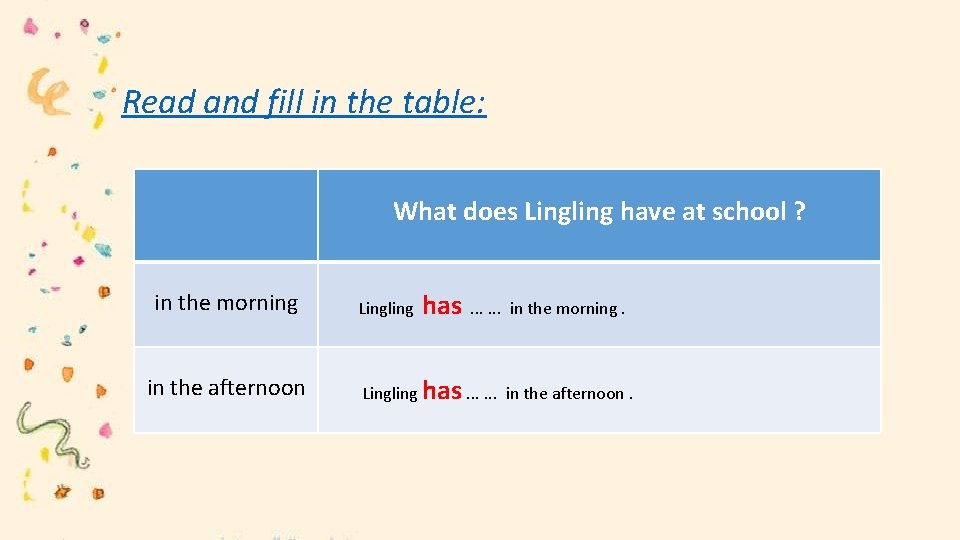 Read and fill in the table: What does Lingling have at school ? in