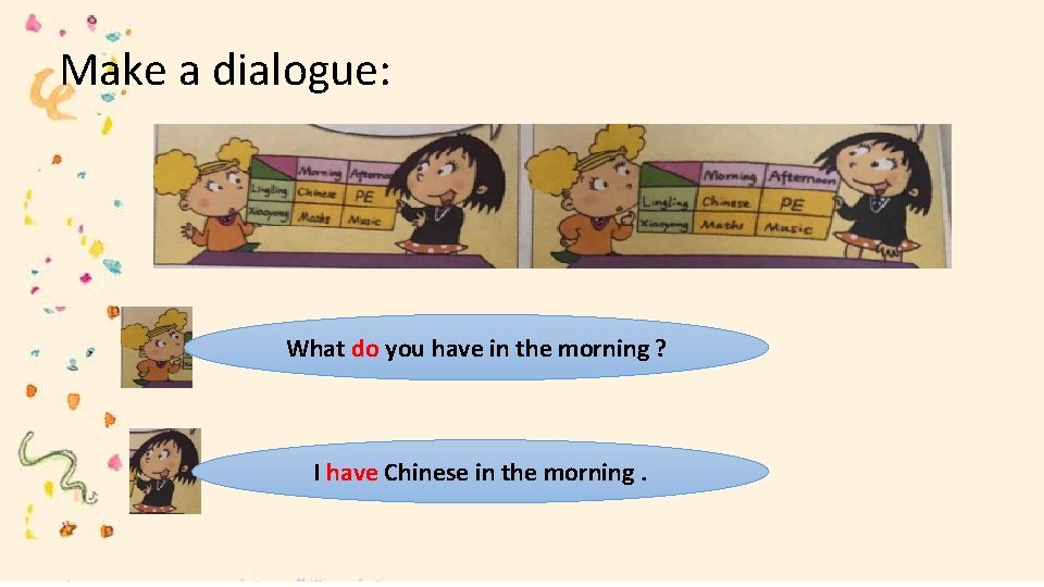Make a dialogue: What do you have in the morning ? I have Chinese