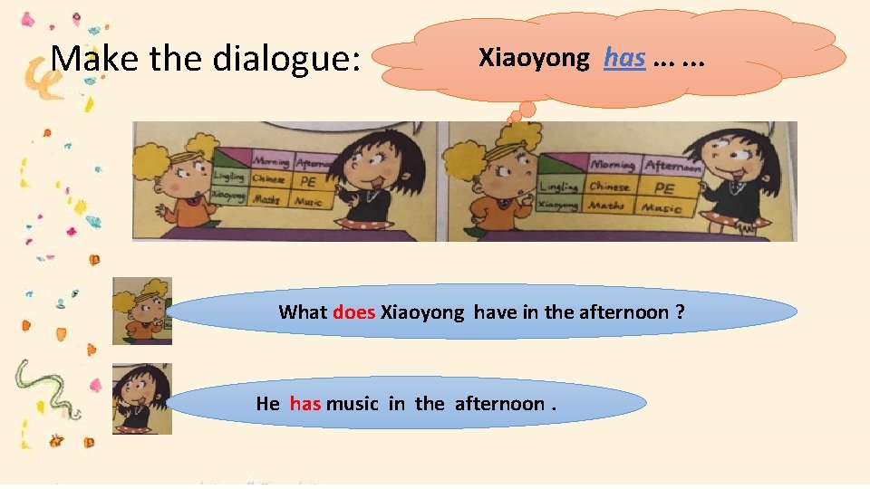 Make the dialogue: Xiaoyong has. . . What does Xiaoyong have in the afternoon