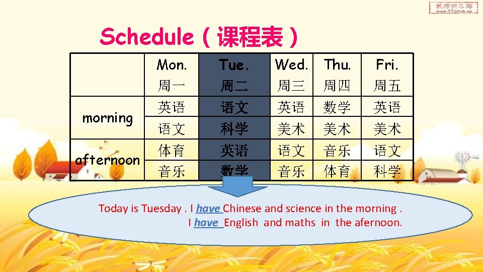 Schedule（课程表） Mon. Tue. Wed. Thu. Fri. 周一 周二 周三 周四 周五 morning 英语 语文