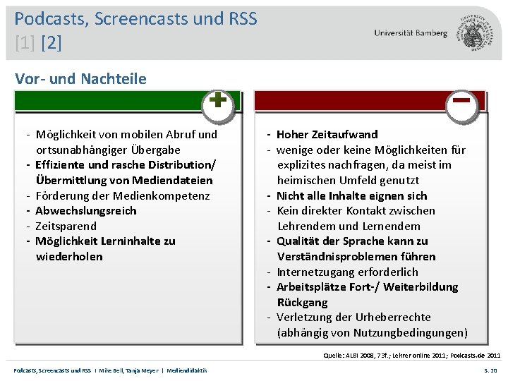 Podcasts, Screencasts und RSS [1] [2] Vor- und Nachteile Positiv - Möglichkeit von mobilen