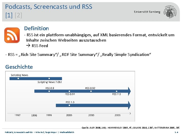 Podcasts, Screencasts und RSS [1] [2] Definition - RSS ist ein plattform-unabhängiges, auf XML