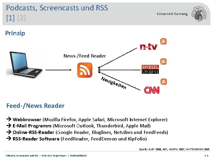 Podcasts, Screencasts und RSS [1] [2] Prinzip News-/Feed Reader Neu igke iten Feed-/News Reader