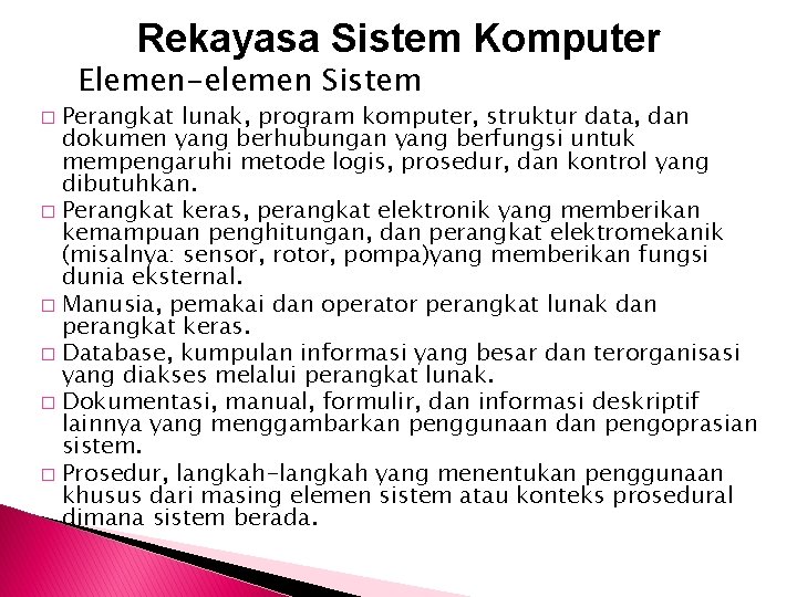 Rekayasa Sistem Komputer Elemen-elemen Sistem Perangkat lunak, program komputer, struktur data, dan dokumen yang