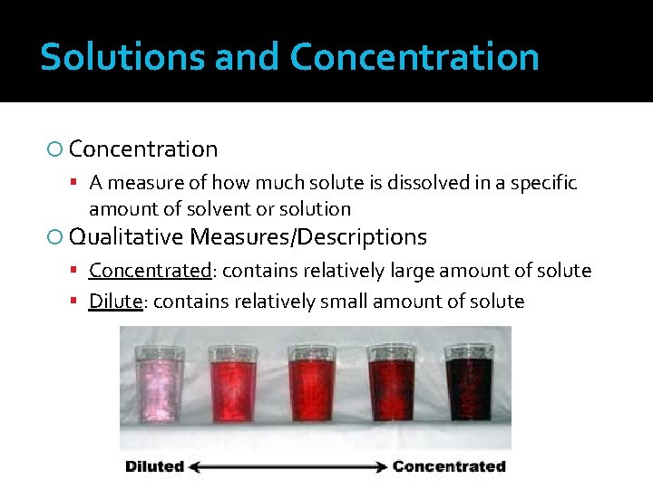 Solutions and Concentration A measure of how much solute is dissolved in a specific