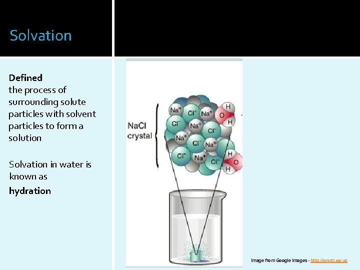 Solvation Defined the process of surrounding solute particles with solvent particles to form a