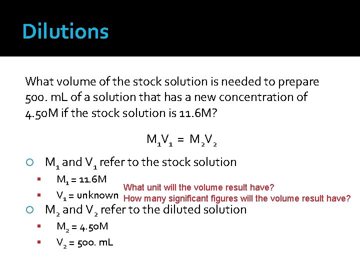 Dilutions What volume of the stock solution is needed to prepare 500. m. L