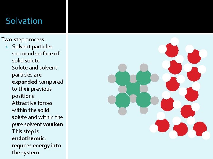 Solvation Two-step process: 1. Solvent particles surround surface of solid solute Solute and solvent