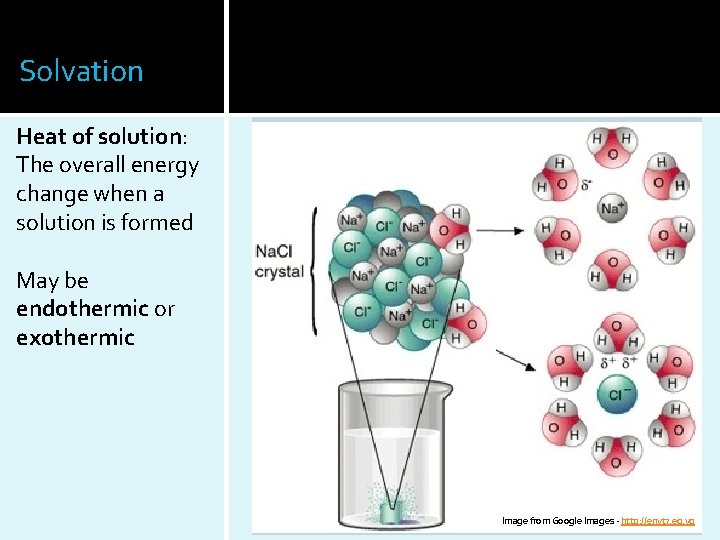 Solvation Heat of solution: The overall energy change when a solution is formed May