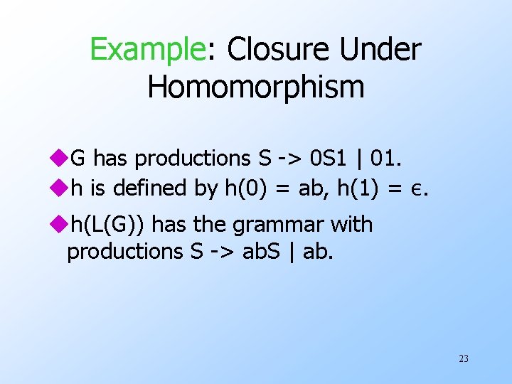 Example: Closure Under Homomorphism u. G has productions S -> 0 S 1 |