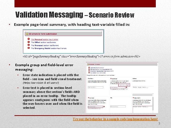 Validation Messaging – Scenario Review • Example page-level summary, with heading text-variable filled in: