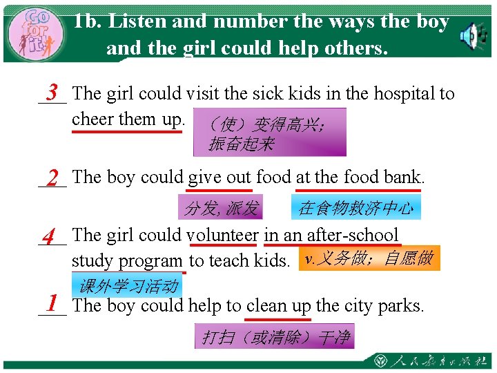 1 b. Listen and number the ways the boy and the girl could help