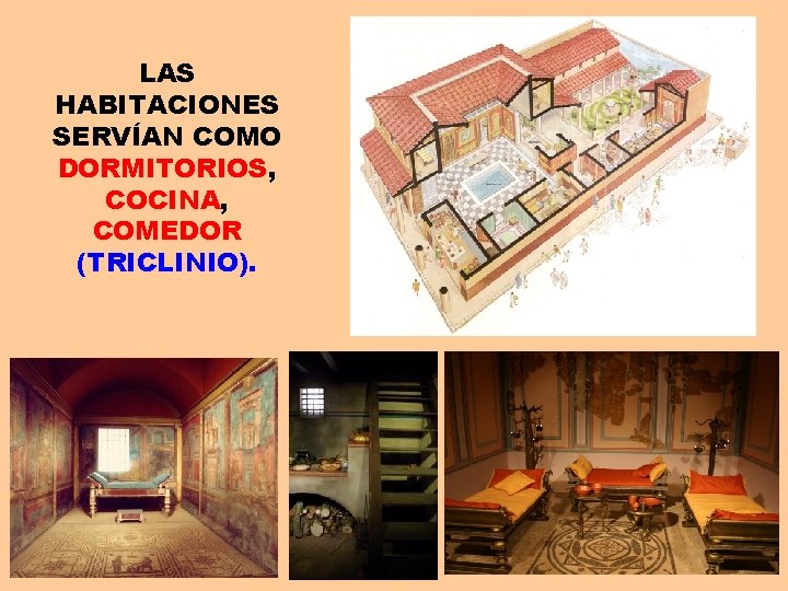 LAS HABITACIONES SERVÍAN COMO DORMITORIOS, COCINA, COMEDOR (TRICLINIO). 