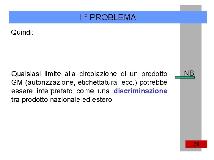 I ° PROBLEMA Quindi: Qualsiasi limite alla circolazione di un prodotto GM (autorizzazione, etichettatura,