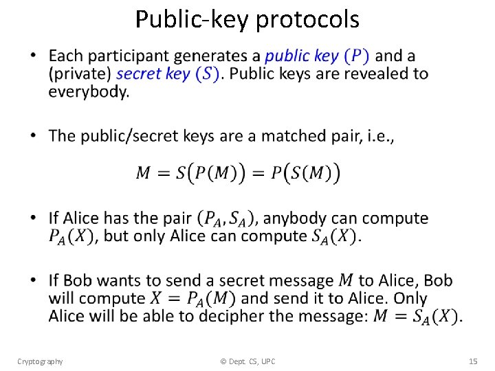 Public-key protocols • Cryptography © Dept. CS, UPC 15 