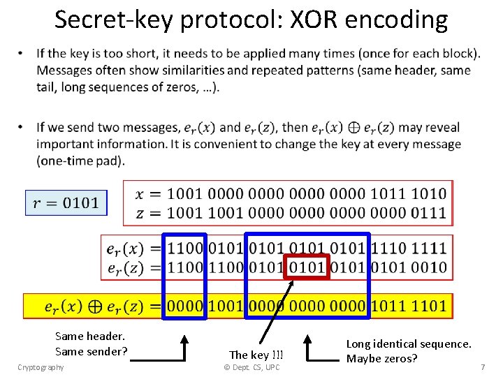 Secret-key protocol: XOR encoding • Same header. Same sender? Cryptography The key !!! ©