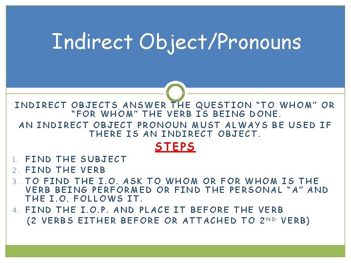 Indirect Object/Pronouns INDIRECT OBJECTS ANSWER THE QUESTION “TO WHOM” OR “FOR WHOM” THE VERB