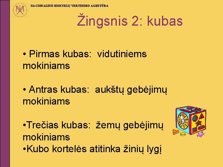 NACIONALINĖ MOKYKLŲ VERTINIMO AGENTŪRA Žingsnis 2: kubas • Pirmas kubas: vidutiniems mokiniams • Antras