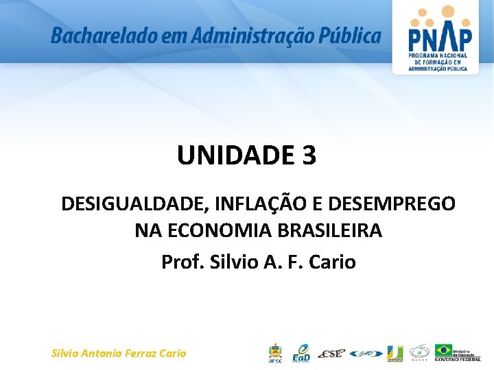 UNIDADE 3 DESIGUALDADE, INFLAÇÃO E DESEMPREGO NA ECONOMIA BRASILEIRA Prof. Silvio A. F. Cario