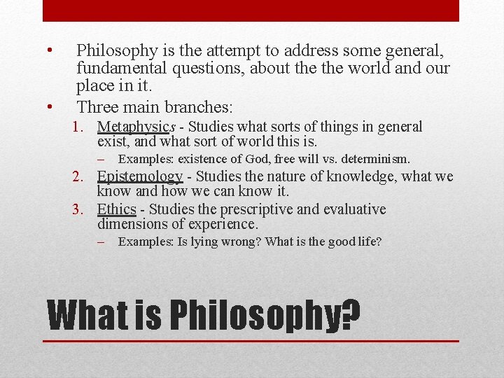  • • Philosophy is the attempt to address some general, fundamental questions, about