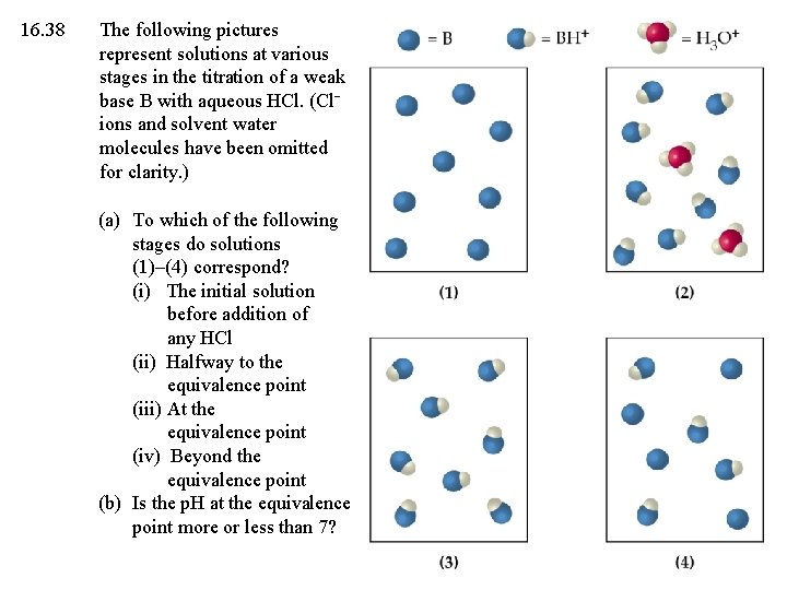 16. 38 The following pictures represent solutions at various stages in the titration of