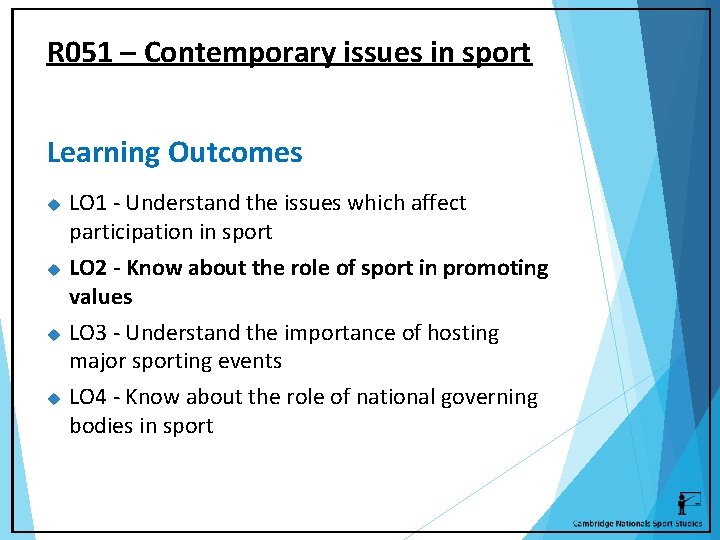 R 051 – Contemporary issues in sport Learning Outcomes LO 1 - Understand the