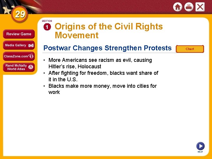 SECTION 1 Origins of the Civil Rights Movement Postwar Changes Strengthen Protests Chart •