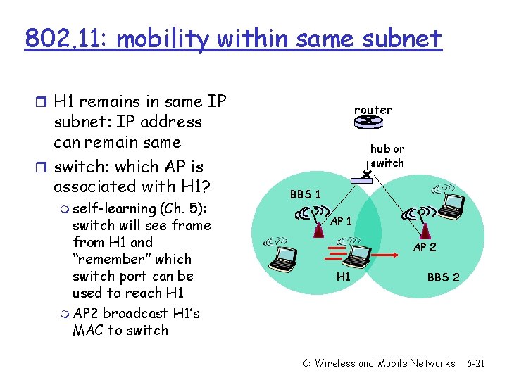 802. 11: mobility within same subnet r H 1 remains in same IP subnet: