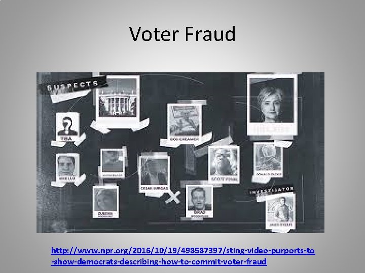 Voter Fraud http: //www. npr. org/2016/10/19/498587397/sting-video-purports-to -show-democrats-describing-how-to-commit-voter-fraud 