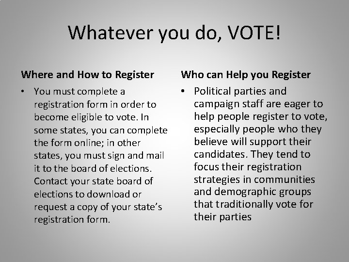 Whatever you do, VOTE! Where and How to Register • You must complete a