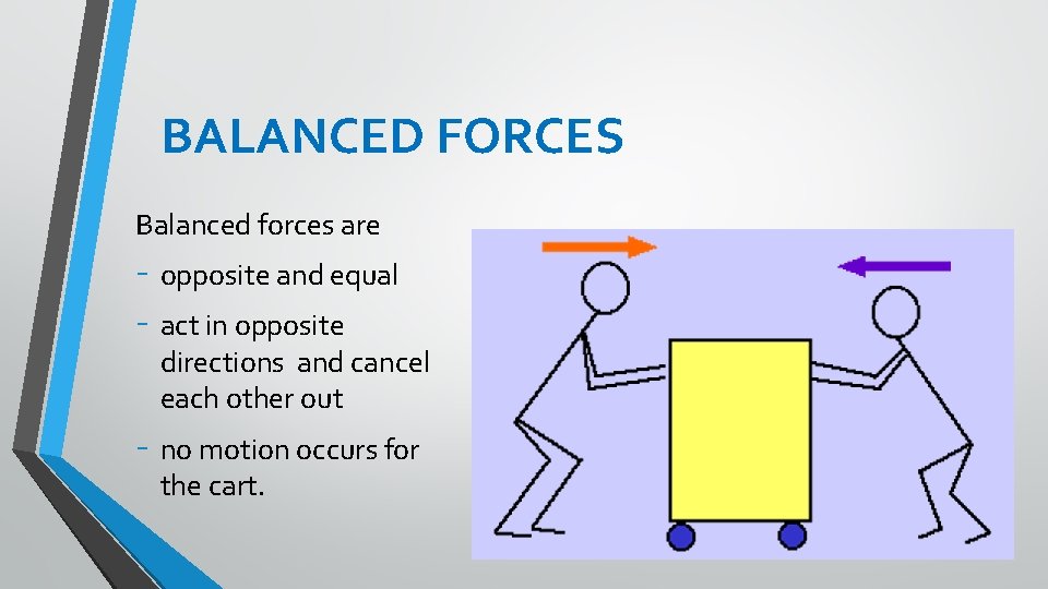 BALANCED FORCES Balanced forces are - opposite and equal - act in opposite directions