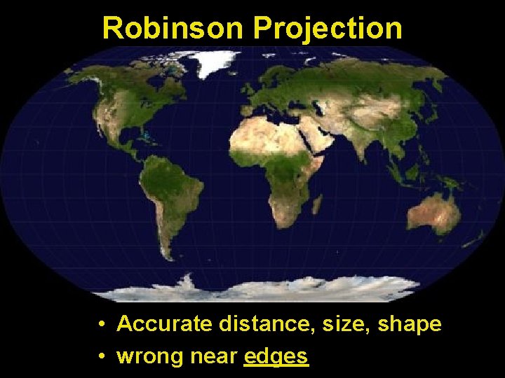 Robinson Projection • Accurate distance, size, shape • wrong near edges 