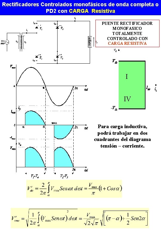 Rectificadores Controlados monofásicos de onda completa o PD 2 con CARGA Resistiva PUENTE RECTIFICADOR