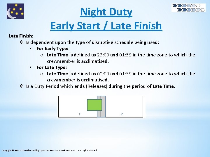 Night Duty Early Start / Late Finish: v Is dependent upon the type of