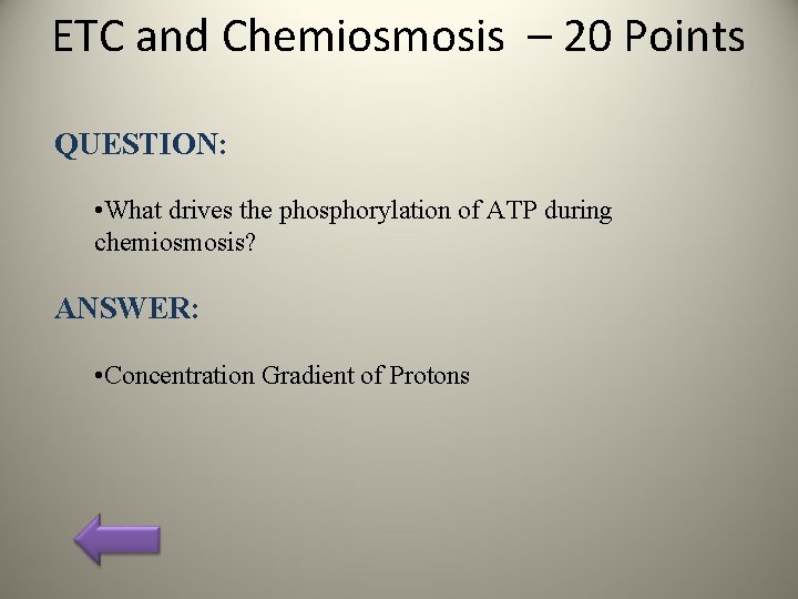 ETC and Chemiosmosis – 20 Points QUESTION: • What drives the phosphorylation of ATP