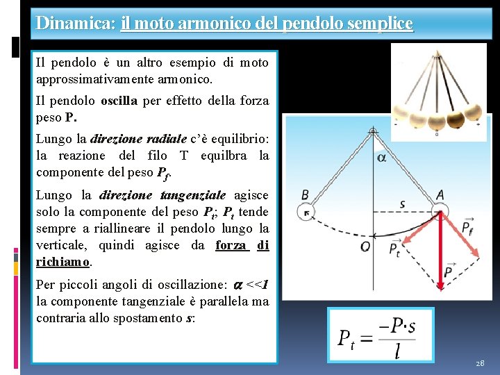 Dinamica: il moto armonico del pendolo semplice Il pendolo è un altro esempio di