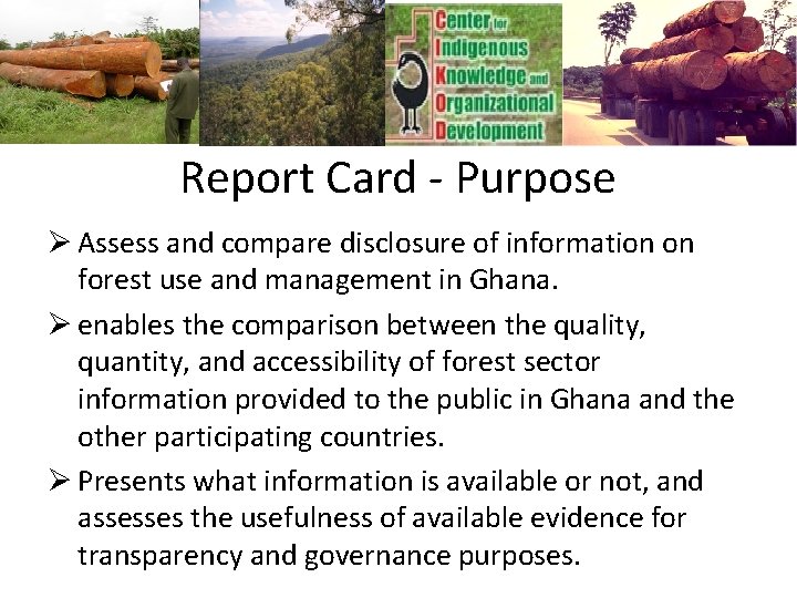 Report Card - Purpose Ø Assess and compare disclosure of information on forest use