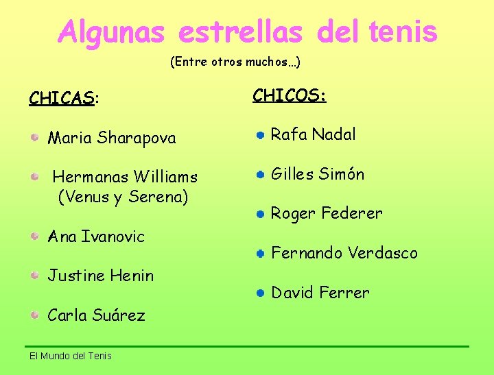 Algunas estrellas del tenis (Entre otros muchos…) CHICAS: CHICOS: Maria Sharapova Rafa Nadal Hermanas