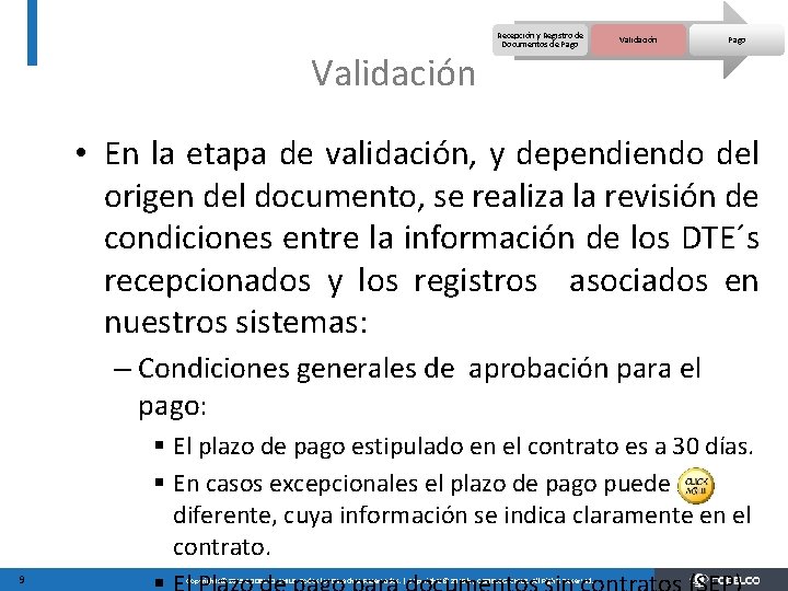 Validación Recepción y Registro de Documentos de Pago Validación Pago • En la etapa
