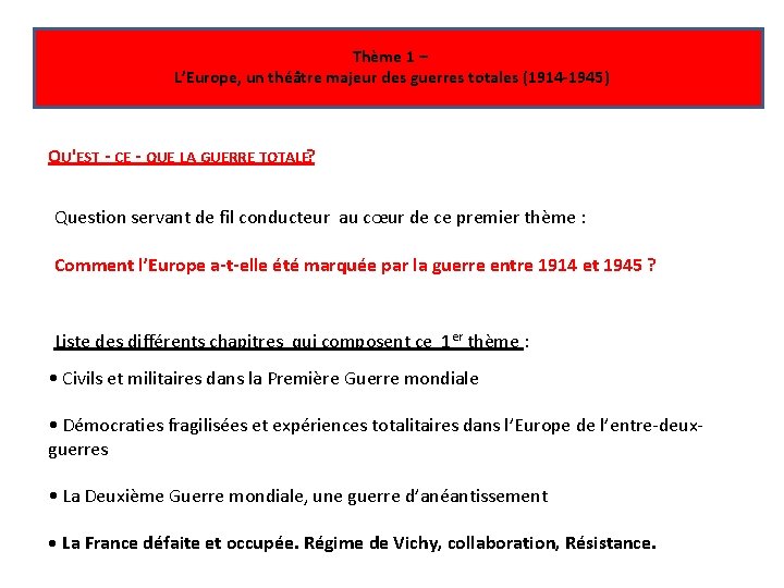 Thème 1 – L’Europe, un théâtre majeur des guerres totales (1914 -1945) QU'EST -