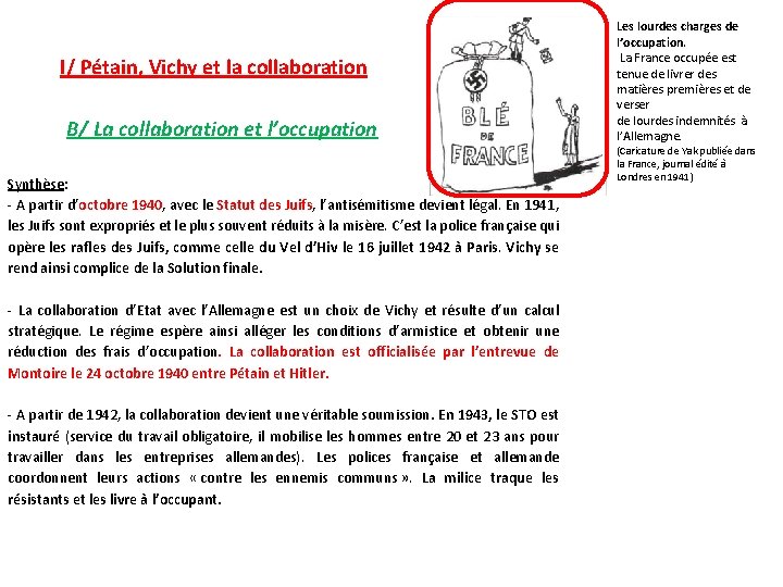 I/ Pétain, Vichy et la collaboration B/ La collaboration et l’occupation Synthèse: - A