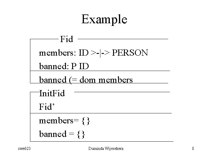 Example Fid members: ID >-|-> PERSON banned: P ID banned (= dom members Init.