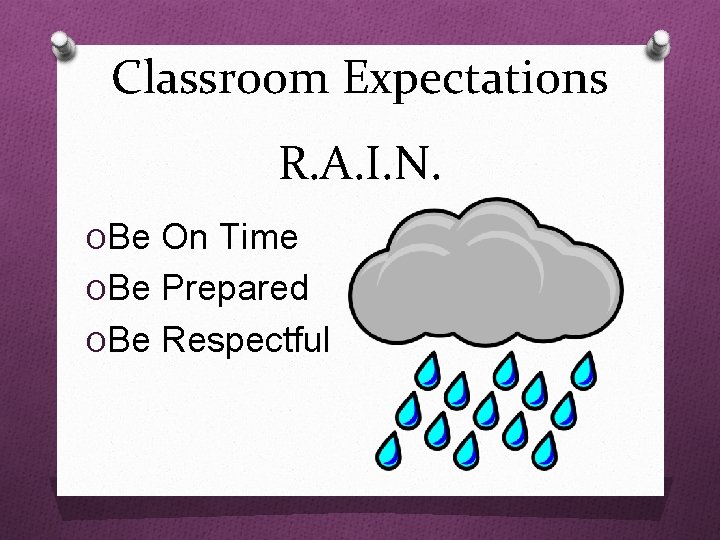 Classroom Expectations R. A. I. N. OBe On Time OBe Prepared OBe Respectful 