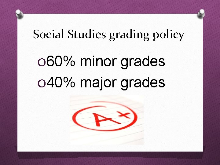 Social Studies grading policy O 60% minor grades O 40% major grades 