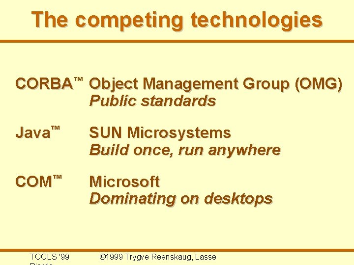 The competing technologies CORBA™ Object Management Group (OMG) Public standards Java™ SUN Microsystems Build